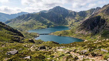 Llyn llydaw glacial lake at Eryri Snowdonia, Yr Wyddfa, Gwynedd, Wales, with green valleys of North Wales; authentic travel scenery and a clear unobstructed view.
