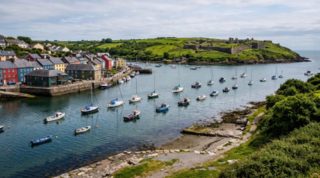 boats and coastal architecture within Kinsale Harbour in County Cork, Ireland, for commercial travel stock photography.