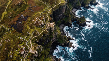Donegal mountains descending toward the ocean in County Donegal, Ireland, for commercial travel stock photography.