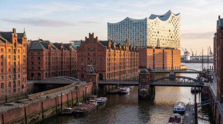 Travel stock image of Speicherstadt and Elbphilharmonie, Hamburg in Germany featuring canals and Elbphilharmonie glass facade, composed for a clean horizontal destination scene.