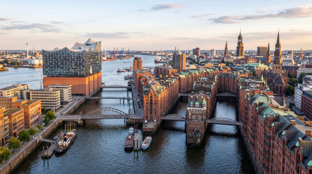 Travel stock image of Speicherstadt and Elbphilharmonie, Hamburg in Germany featuring harbor water and bridges, composed for a clean horizontal destination scene.