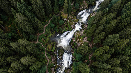 Travel stock image of Black Forest and Triberg Waterfalls in Germany featuring dense spruce forest and cascading waterfalls, composed for a clean horizontal destination scene.