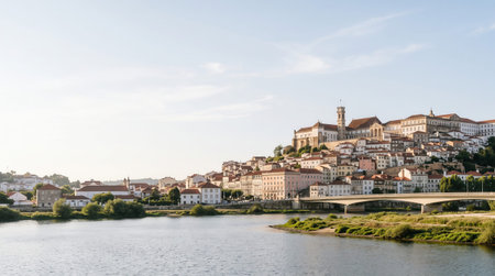 Coimbra University and Mondego River in Portugal, showing historic university buildings and authentic regional scenery for commercial travel stock use.
