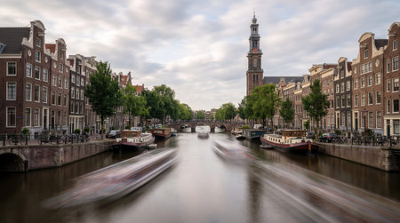 Amsterdam Canal Ring and Westerkerk, Netherlands, featuring historic canal houses and Westerkerk tower in authentic travel scenery for commercial stock use.