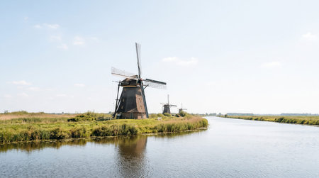 Kinderdijk Windmills, Netherlands, featuring historic windmills beside drainage canals in authentic travel scenery for commercial stock use.