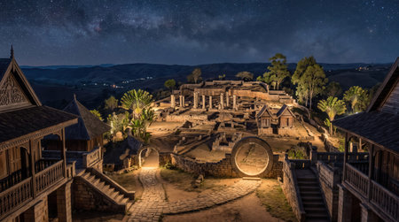 Andramasina Royal Site shows distinctive Madagascar identity through its archaeological landscape, layered spatial depth, and a bright star filled night atmosphere.