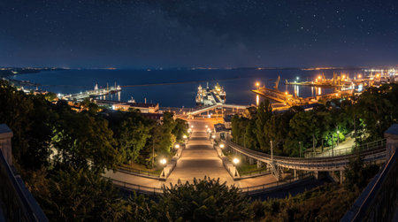 Odesa Potemkin Stairs shows distinctive Ukraine identity through its historic infrastructure, layered spatial depth, and a bright star filled night atmosphere.