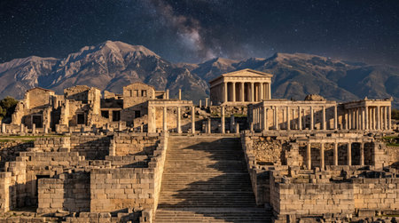 Pella Archaeological Site reveals its distinctive ancient character through bright layered scenery and a clear star filled night atmosphere.