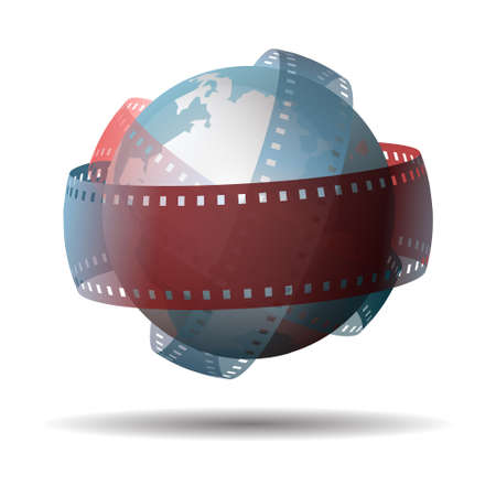International animation day. Globe with filmstrip isolated on white backgroundのイラスト素材