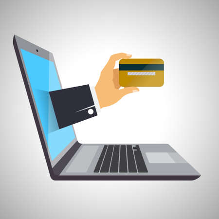 Concept of Internet banking, isolated on white background. Laptop, hand with credit card.のイラスト素材
