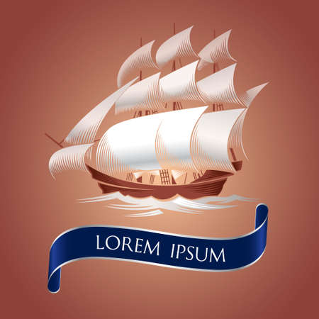 Sailing ship. Old vessel illustration on brown backgroundのイラスト素材