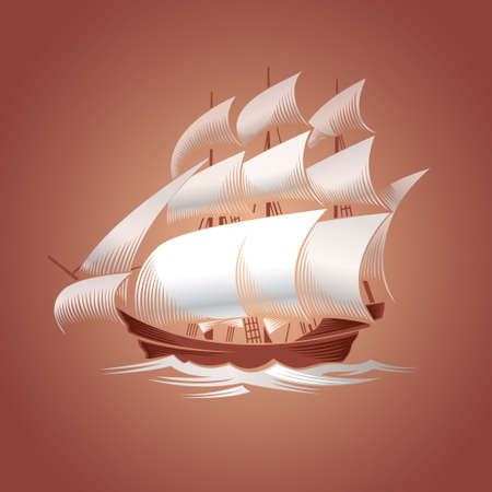 Old vessel. Sailing ship illustration on brown backgroundのイラスト素材