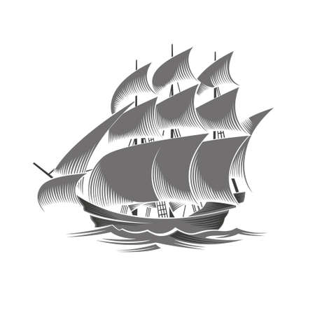 Sailing ship. Vintage vessel. White silhouette on black background.のイラスト素材
