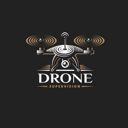Drone quadrocopter logo design template, emblem on dark backgroundのイラスト素材