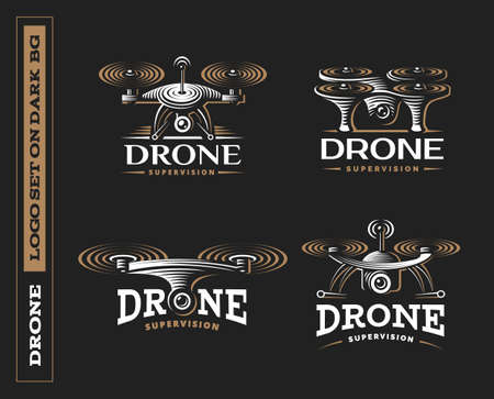 Drone quadrocopter logo design set, emblem on dark background EPS 10のイラスト素材