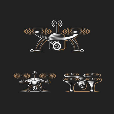 Drone quadrocopter logo design set, emblem on dark backgroundのイラスト素材