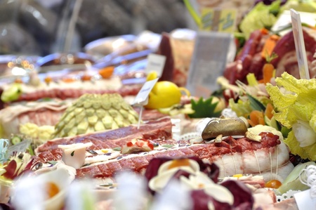 High quality meat on a butcher stallの写真素材