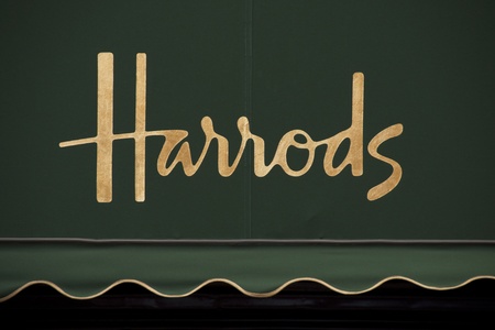 Harrods golden sign on green awningのeditorial素材