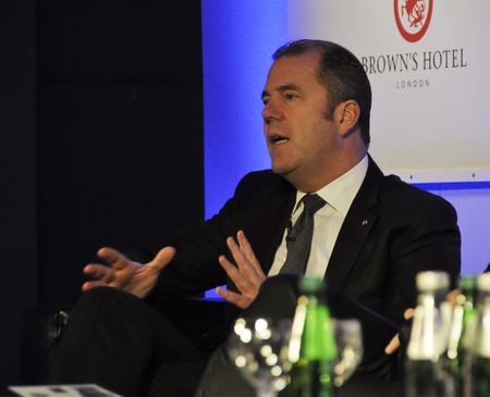 London - UK, January 30, 2012: Robert Gaymer-Jones on the stage during the 59th UICH les Clefs d'Or International Congress at the Sheraton Park Lane on January 30, 2011 in Londonのeditorial素材
