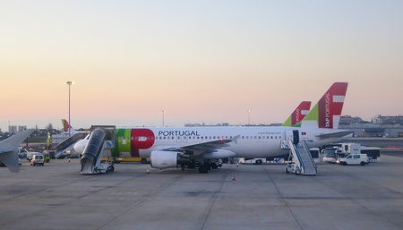 Lisbon, Portugal - February 18, 2012: TAP airplane in Lisbon airport                           のeditorial素材