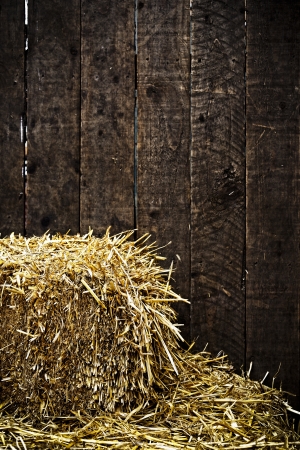 Bale of straw and dark wooden background with vignetteの写真素材
