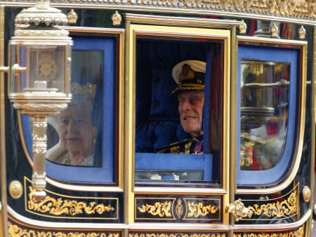 London, UK. May 8th, 2013. Queen Elizabeth II and Prince Philip leaving Buckingham Palace and going to the State Opening of Parliament.のeditorial素材