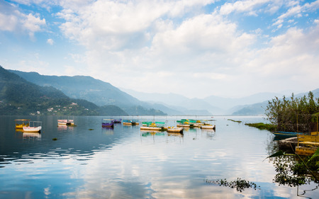 Phewa Lake in Pokhara, Nepalの写真素材