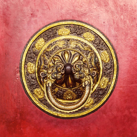 Tibetan door knocker in Bodhnath, Kathmanduの写真素材