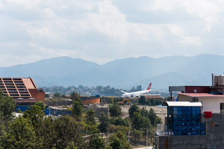 KATHMANDU, NEPAL - MARCH 4, 2015: Turkish Airlines flight THY726 crashed earlier in the morning at Tribhuvan International Airport apparently due to dense fog. No passengers were seriously hurt.のeditorial素材
