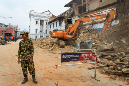 KATHMANDU, NEPAL - APRIL 26, 2015: Military forces starts the rescue effort at Durbar Square which is severly damaged after the major earthquake on 25 April 2015.のeditorial素材