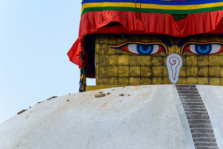 KATHMANDU, NEPAL - MAY 13, 2015: minor damage is visible on Boudhanath stupa.のeditorial素材