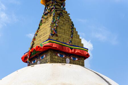 KATHMANDU, NEPAL - MAY 13, 2015: minor damage is visible on Boudhanath stupa.のeditorial素材