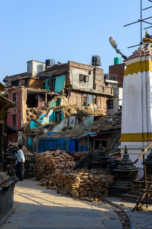 KATHMANDU, NEPAL - MAY 22, 2015: Swayambhunath, a UNESCO World Heritage Site, was severely damaged after two major earthquakes hit Nepal on April 25 and May 12, 2015.のeditorial素材