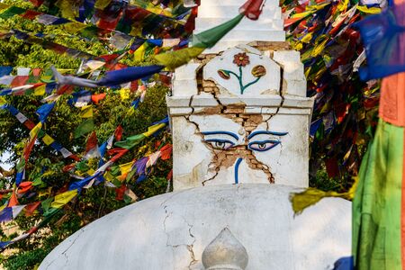 Earthquake damaged stupa at Swayambhunath in Kathmandu, Nepalの写真素材