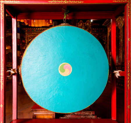 Gong in a Buddhist monastery in Kathmandu, Nepalの写真素材