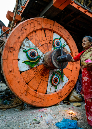 PATAN, NEPAL - MAY 19, 2016: God of rain Rato Machhindranath chariot festival. Rato Machhindranath is worshiped as the god of rain. The chariot is pulled through the street of Patan for about a month.のeditorial素材