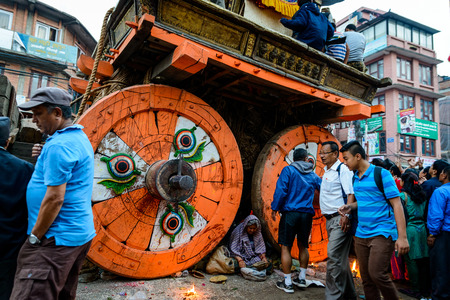 PATAN, NEPAL - MAY 19, 2016: God of rain Rato Machhindranath chariot festival. Rato Machhindranath is worshiped as the god of rain. The chariot is pulled through the street of Patan for about a month.のeditorial素材