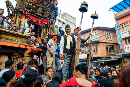 PATAN, NEPAL - MAY 19, 2016: God of rain Rato Machhindranath chariot festival. Rato Machhindranath is worshiped as the god of rain. The chariot is pulled through the street of Patan for about a month.のeditorial素材