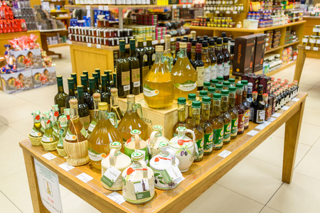 EDINBURGH, SCOTLAND - CIRCA NOVEMBER 2012: Choice of olive oil bottles at Jenners department store.のeditorial素材