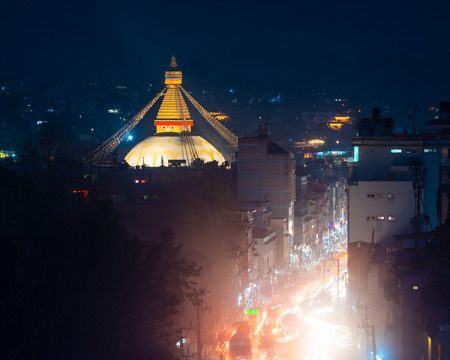 Boudhanath stupa and Boudha Road at night in Nepal.の写真素材