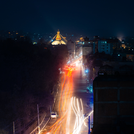 Boudhanath stupa and Boudha Road at night in Nepal.の写真素材