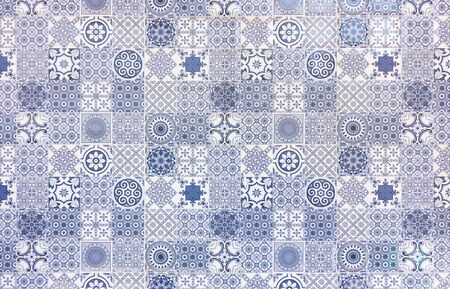 White and blue geometric azulejo tile wall texture or background