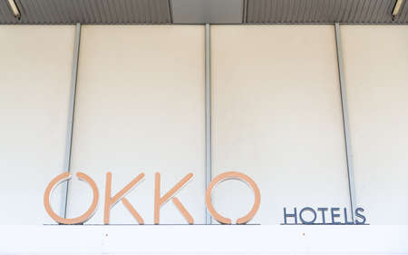 BAYONNE, FRANCE - CIRCA MAY 2020: Okko Hotels sign at the entrance of the hotel. Okko Hotels is a French 4-star hotel group.のeditorial素材