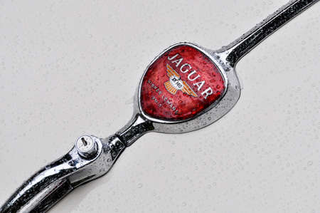 LONDON, UK - CIRCA SEPTEMBER 2011: Jaguar XK140 boot emblem which reads: Winner Le Mans 1951-3. Raindrops on the white bodywork.のeditorial素材