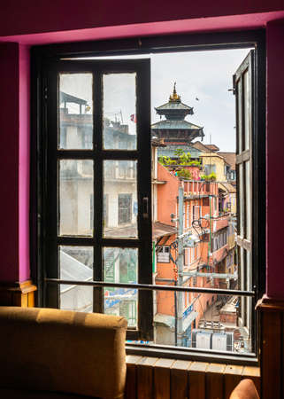 KATHMANDU, NEPAL - CIRCA APRIL 2018: Window with a view on Kathmandu Durbar Square.のeditorial素材