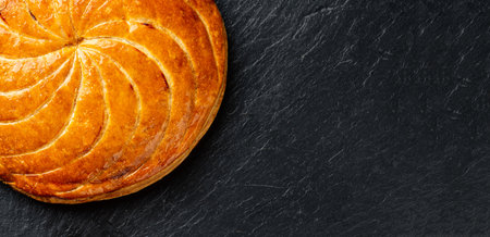 Epiphany cake or galette des rois in French on black slate background, panoramic crop with copy spaceの写真素材