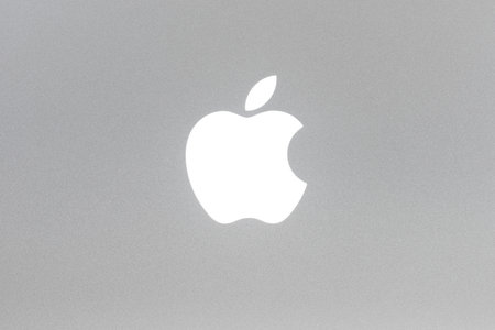 BAYONNE, FRANCE - CIRCA JANUARY 2021: Macro shot of MacBook Pro backlit Apple logo, brushed aluminium texture.のeditorial素材