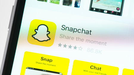 BAYONNE, FRANCE - CIRCA JANUARY 2021: Snapchat app page in the App Store on Apple iPhone screen. Snapchat is a multimedia messaging app developed by Snap Inc.のeditorial素材