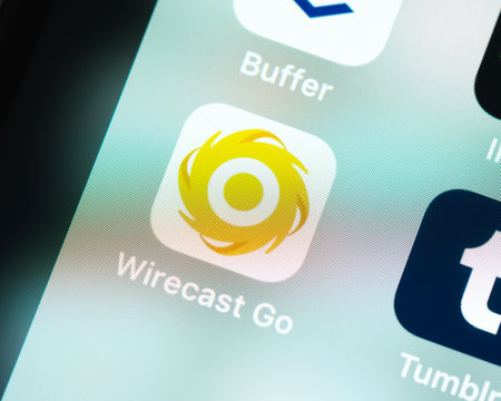 BAYONNE, FRANCE - CIRCA JANUARY 2021: Wirecast Go app icon on Apple iPhone screen. Wirecast Go is a mobile live video streaming production app for iOS.のeditorial素材