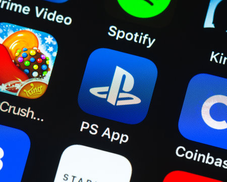 BAYONNE, FRANCE - CIRCA JANUARY 2021: PlayStation app icon on Apple iPhone screen. The PlayStation App is a software application for iOS and Android devices developed by PlayStation Mobile Inc.のeditorial素材